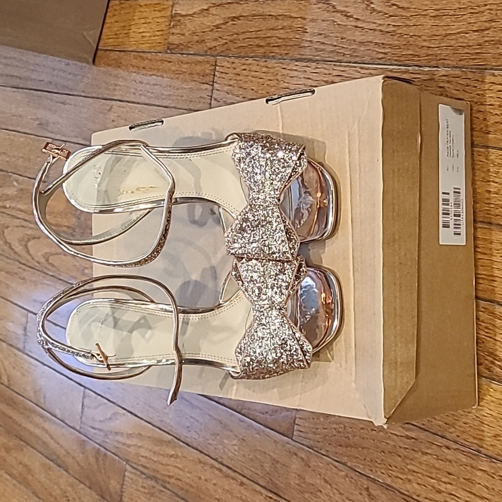 Asos light nude/gold glitter block heel sandals. Sz 5. UK 3